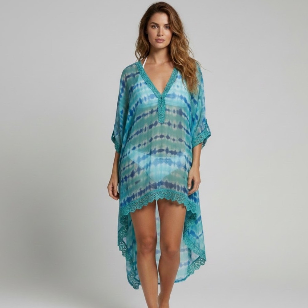 Chicos Womens 1 Blue Tie Dye Print Tunic Top Hi Lo Shirt Beach Cover-up Vacation